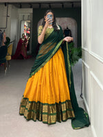 Load image into Gallery viewer, Yellow Color With Dark Green Dupatta South Indian Kanchipuram Langa Voni Set Full Stitched DhavanI Set For Shoppers Trend Price Under 1499 .
