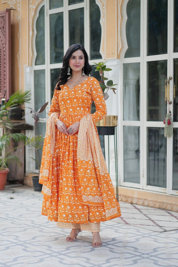 Yellow pure cotton kurti set for women , Elegant yellow kurti with full sleeves , Cotton yellow kurti with dupatta combo , Yellow kurta palazzo set for daily wear , Summer special yellow cotton kurti set , Yellow kurti and pant set with dupatta , Stylish V neck yellow cotton kurti , Yellow ethnic kurti set for festive wear .