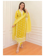 Load image into Gallery viewer, Yellow Pure Organza Kurti Price Under 1500 . Upgrade your ethnic style with this Pure Organza Kurti Set. Featuring intricate embroidery, soft fabric, and a matching dupatta and pant, it&#39;s perfect for festive or casual wear.
