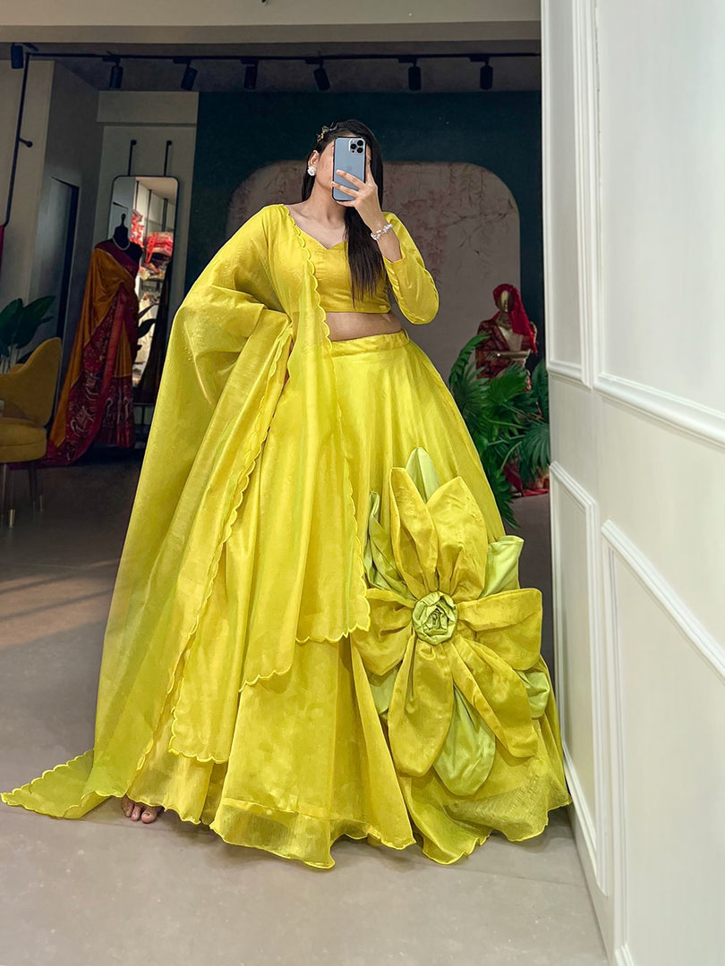 Yellow Rajawadi Chanderi Silk Dhavani Set , Langa Voni , Davani Set and Half-Saree With Price and Online Shopping Price Under 2000 . this Fabric SO Soft and Silk Fabric and Hand Made Flower Design For Fabric Yellow Rajawadi Chanderi Silk Dhavani Blouse Plain Design and Dupatta Made Plain with Arca Border Design . Traditional Look and Model Woman Using 2024-25 . 
