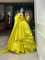 Load image into Gallery viewer, Yellow Rajawadi Chanderi Silk Dhavani Set , Langa Voni , Davani Set and Half-Saree With Price and Online Shopping Price Under 2000 . this Rajawadi Chanderi Silk  Lehenga Set. Featuring a Hand Made Flower lehenga, a Unstitched blouse with adjustable sizing, and a plain Rajawadi Chanderi Silk 
dupatta with Plain with Arca Border
, it’s a timeless choice for celebrations . 
