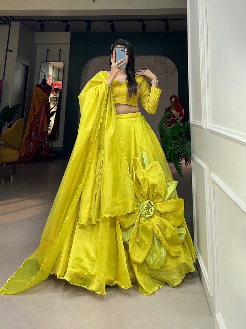 Yellow Rajawadi Chanderi Silk Dhavani Set , Langa Voni , Davani Set and Half-Saree With Price and Online Shopping Price Under 2000 . this Rajawadi Chanderi Silk  Lehenga Set. Featuring a Hand Made Flower lehenga, a Unstitched blouse with adjustable sizing, and a plain Rajawadi Chanderi Silk 
dupatta with Plain with Arca Border
, it’s a timeless choice for celebrations . 