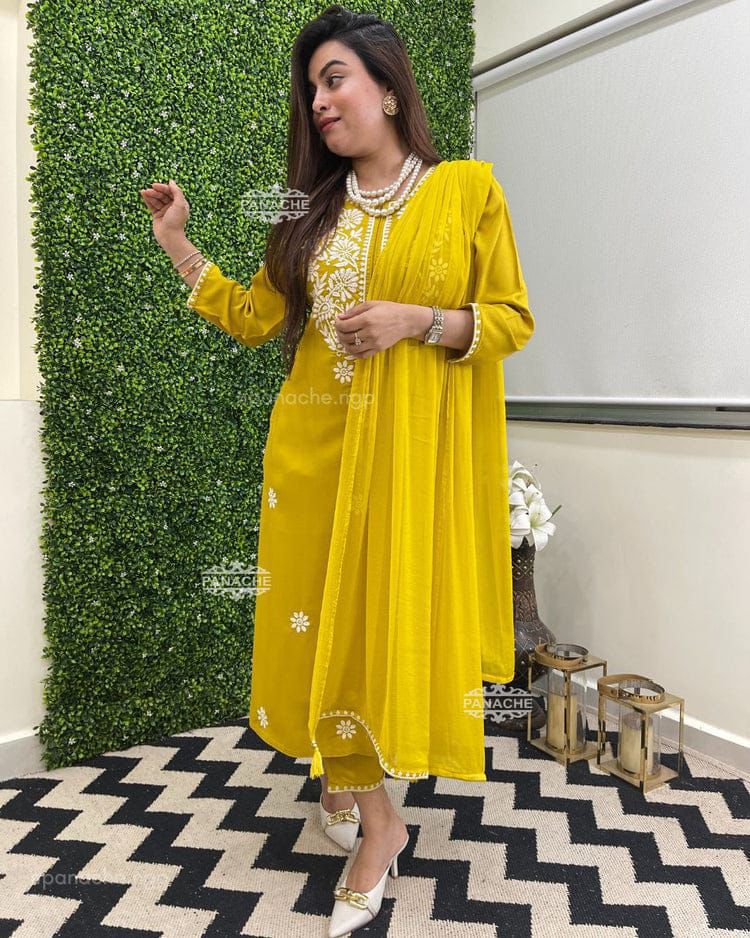 Yellow Rayon Kurti With Price and For Weddings Price Under 2000 . Discover the perfect blend of comfort and style with this Rayon Embroidered Kurti Set , featuring a dupatta and pant. Easy machine wash care. Ideal for any occasion . 
