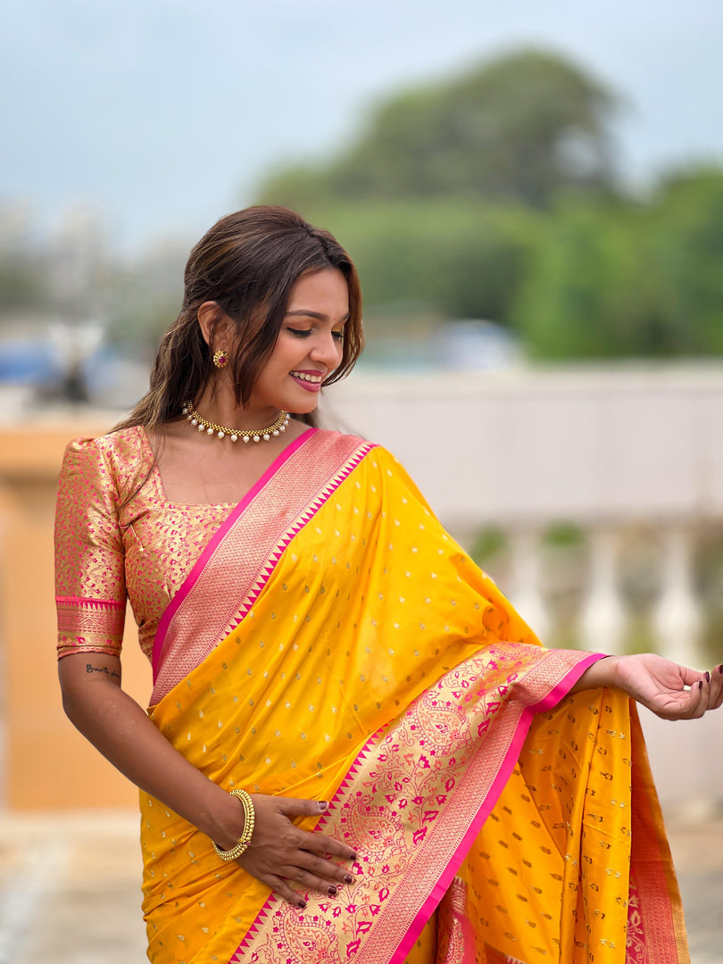 Saachi Soft Banarasi Silk Yellow Saree | Shoppers Trend