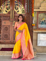 Load image into Gallery viewer, Yellow Soft Banarasi Silk Sarees With Price and Online Shopping price 2000 . This Fabric Soft Banarasi Gujarat Famous of Banaras Fabric . this Color Most Unique and For Weddings .

