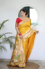 Load image into Gallery viewer, Yellow Soft Paithani SIlk Sarees wIth Price and Online Shopping Price Under 2000 . This Fabric Soft and Smooth and Rich Pallu . This Fabric Mainly Manufacturing in Aurangabad district of Maharashtra.
