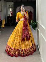 Load image into Gallery viewer, Beautiful Crafted Yellow Tussar Silk Dhavani Set with Price and Online Shopping Best Price Under 2000 . This Fabric Tussar Silk Soft and Lehnga Crafted Border Rich Design and Dupatta Red Combination Design Most Authentic Davani Set , Langa Voni . 
