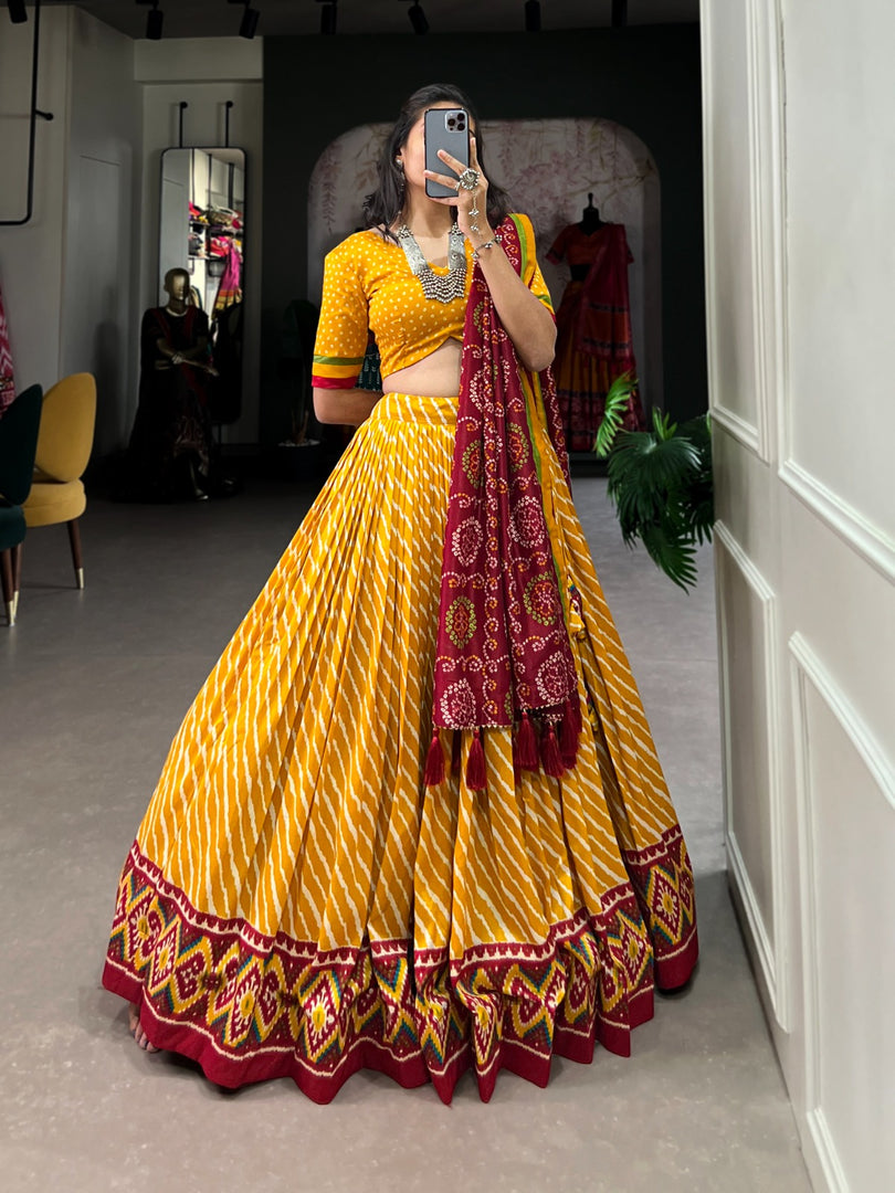 Beautiful Crafted Yellow Tussar Silk Dhavani Set with Price and Online Shopping Best Price Under 2000 . This Fabric Tussar Silk Soft and Lehnga Crafted Border Rich Design and Dupatta Red Combination Design Most Authentic Davani Set , Langa Voni . 