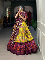 Load image into Gallery viewer, Yellow Tussar Silk Dhavani Set , Langa Voni , Davani Set and Half-Sarees With Price and Online Best Online shopping Price Under 2000 . Step into elegance with this Tussar Silk Pichwai With Patola Print  Lehenga Set. Featuring a zari weaving border, printed design, and a matching dupatta with tassels, this ensemble is perfect for festive occasions . Traditional Look For 2024-25 , 2025-26!!
