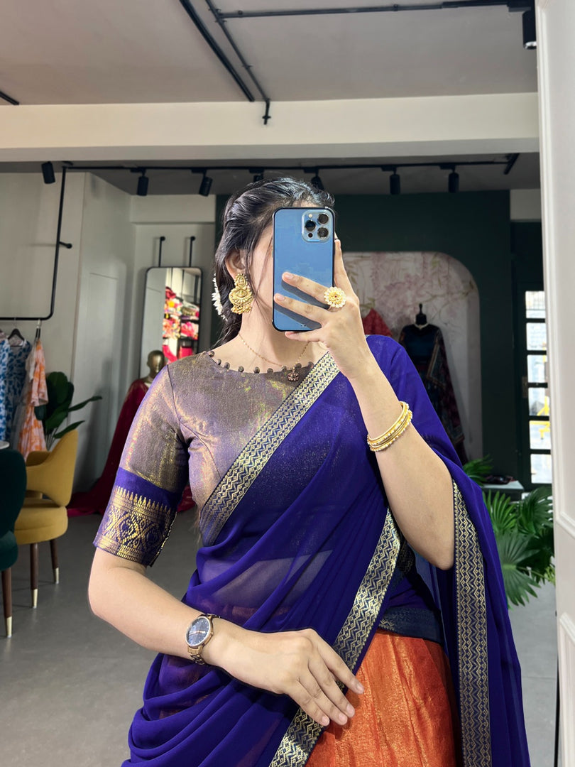 Blue Dupatta and Orange Lehenga Cotton Zari Weaving Work and Blouse Fully Zari Weaving Work | Shoppers Trend , Price Under 1499!!!