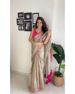 Load image into Gallery viewer, cream saree party wear with price ,gold tissue saree , cream color , plain cream golden tissue saree under 1499
