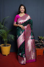 Load image into Gallery viewer, Dark green color Pure soft silk saree with silver zari weaving work . This dark green and silver combination designer soft silk saree  price under 2500 . 
