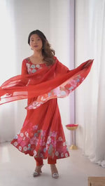 Load and play video in Gallery viewer, Binti Heavy Pure Organza Silk Red Anarkali | Shoppers Trend
