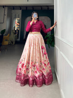 Load image into Gallery viewer, Dola silk pink lehenga with ethnic Indian charm , Pretty pink lehenga with adjustable blouse fit , Sequin border pink lehenga for special occasions , Festive wear pink lehenga in soft silk fabric , Classy pink lehenga for haldi, mehendi or sangeet , Lightweight pink lehenga with stylish detailing . 
